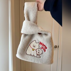 Cute Cream Fleece Bag with Dog Embroidery